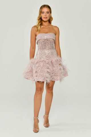 Trägerloses, gefiedertes Rock-Pailletten-Kurzkleid, Rosa - 44