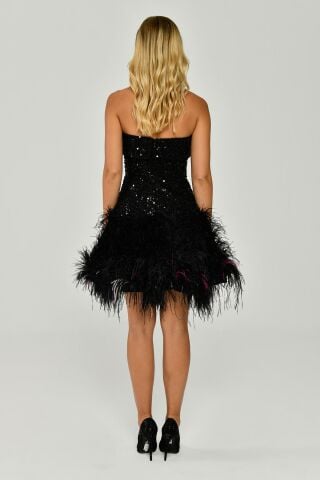 Straplez Eteği Tüylü Payet Kısa Elbise Siyah - 38