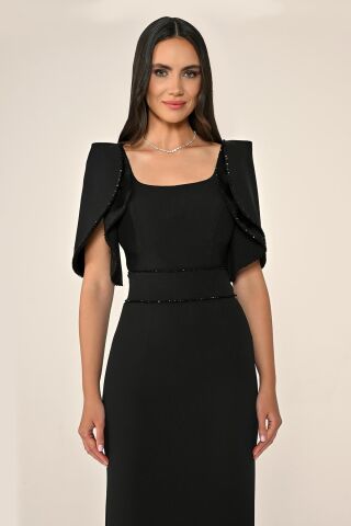 Dökümlü Kol Şerit Taşlı Krep Uzun Elbise Siyah - 38