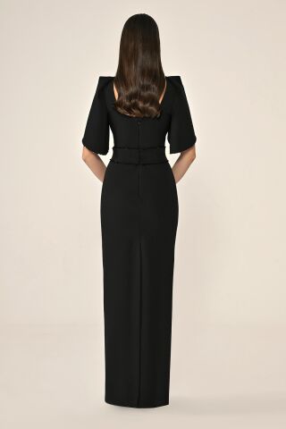 Dökümlü Kol Şerit Taşlı Krep Uzun Elbise Siyah - 38