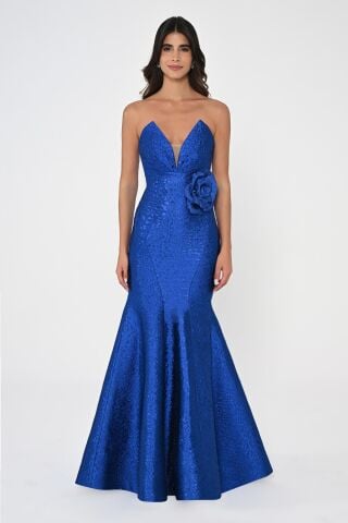 Straplez Balık Kesim Jakar Kumaş Uzun Elbise SAKS - 36