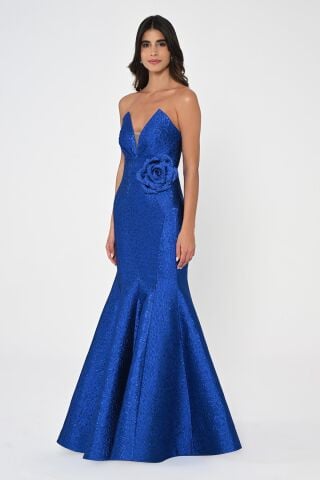 Straplez Balık Kesim Jakar Kumaş Uzun Elbise SAKS - 36