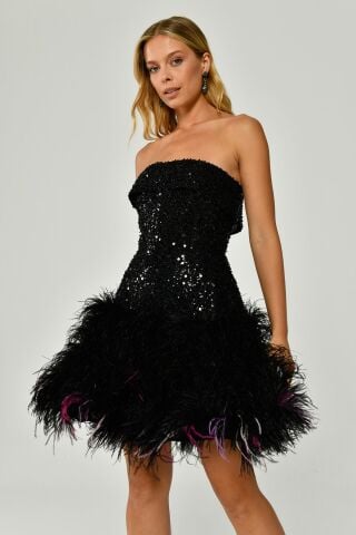 Straplez Eteği Tüylü Payet Kısa Elbise Siyah - 40