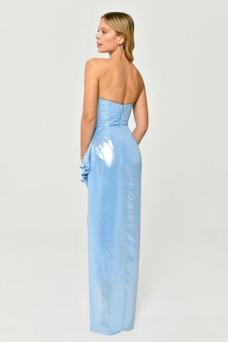 Trägerloses Plissee-Top mit Schlitz vorne, glänzendes Chiffon-Langes Kleid BLAU - 38