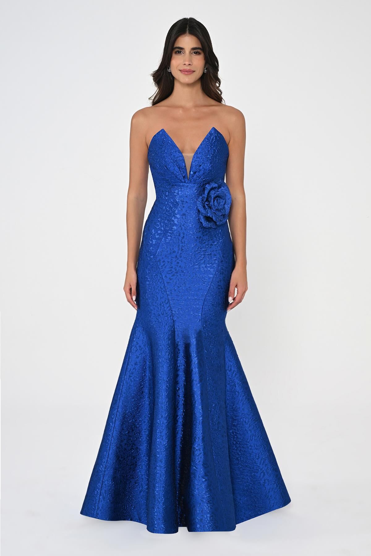 Straplez Balık Kesim Jakar Kumaş Uzun Elbise SAKS - 38