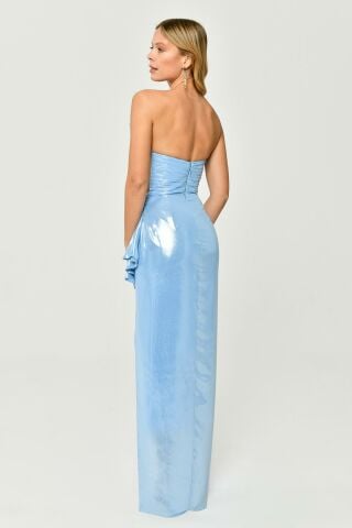 Trägerloses Plissee-Oberteil mit Schlitz vorne, glänzendes Chiffon-Langes Kleid, BLAU - 40