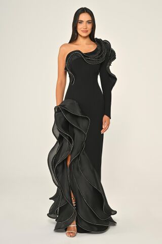 Tek Kol Volanlı Yırtmaçlı Krep Uzun Elbise Siyah - 44
