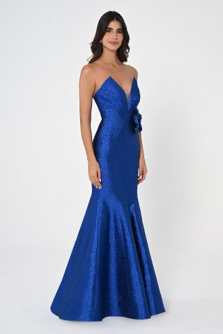 Straplez Balık Kesim Jakar Kumaş Uzun Elbise SAKS - 42