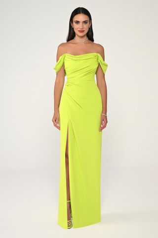 Schulterfreies, langes Crêpe-Kleid mit Seitenschlitzen, APFELGRÜN – 36