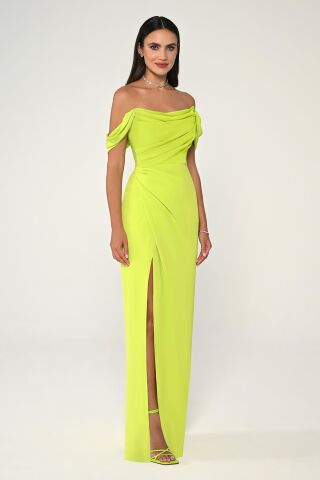 Schulterfreies, langes Crêpe-Kleid mit Seitenschlitzen, APFELGRÜN – 36