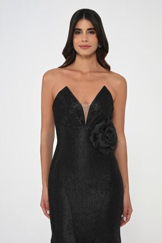 Trägerloses, langes Kleid aus Jacquardstoff mit Fischmuster, Schwarz - 36