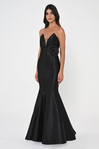 Trägerloses, langes Kleid aus Jacquardstoff mit Fischmuster, Schwarz - 36