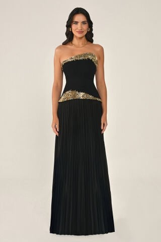 Straplez Üst Aksesuarlı Taşlı Eteği Piliseli Şifon Uzun Elbise