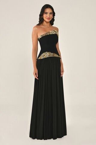 Straplez Üst Aksesuarlı Taşlı Eteği Piliseli Şifon Uzun Elbise