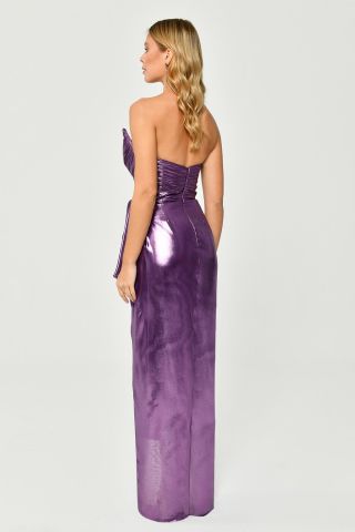 Trägerloses Plissee-Top mit Schlitz vorne, glänzendes Chiffon-Langes Kleid, Lila - 42