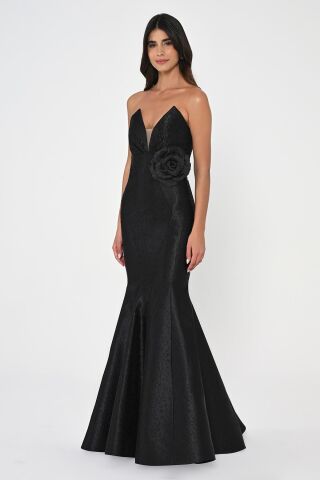 Straplez Balık Kesim Jakar Kumaş Uzun Elbise Siyah - 42