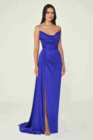 Kayık Yaka Yırtmaçlı Saten Elbise SAKS / MOR - 38