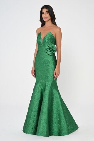 Straplez Balık Kesim Jakar Kumaş Uzun Elbise ZÜMRÜT - 36