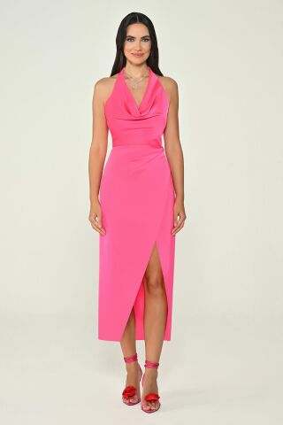 Boyundan Bağlamalı Degaje Yaka Saten Midi Elbise