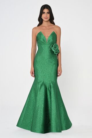 Straplez Balık Kesim Jakar Kumaş Uzun Elbise ZÜMRÜT - 42