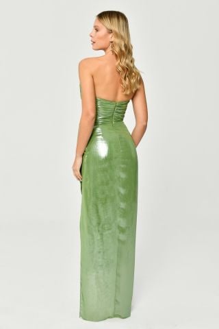 Trägerloses Plissee-Top mit Schlitz vorne, glänzendes Chiffon-Langes Kleid, Grün - 40