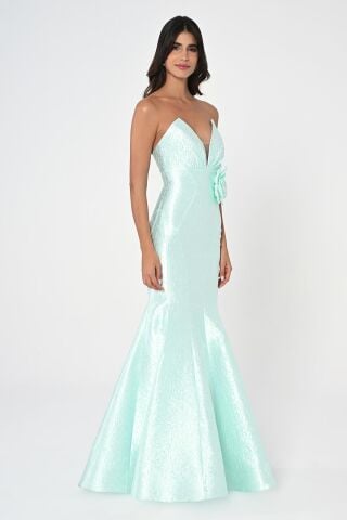 Straplez Balık Kesim Jakar Kumaş Uzun Elbise MİNT - 38