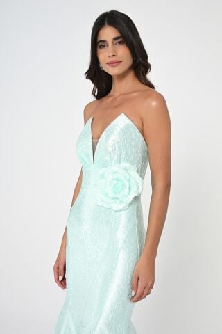 Straplez Balık Kesim Jakar Kumaş Uzun Elbise MİNT - 38