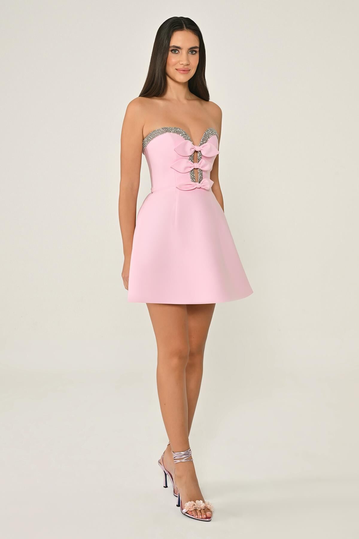 Strapless Beaded and Bow Accessorized Satin Short Dress Pink - 36