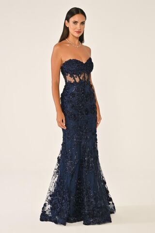 Trägerloses Kleid mit transparenter Taille, Marineblau - 40