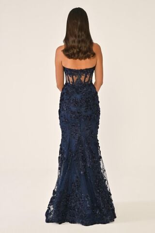 Trägerloses Kleid mit transparenter Taille, Marineblau - 40