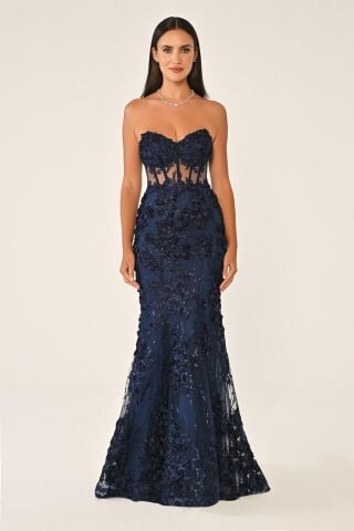 Trägerloses Kleid mit transparenter Taille, Marineblau - 40