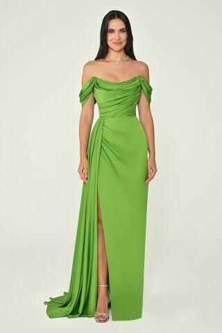 Düşük Omuz Yandan Yırtmaçlı Saten Uzun Elbise FISTIK YEŞİLİ - 46