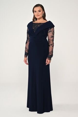 Uzun Boncuklu Tül Kol Krep Uzun Elbise Lacivert - 46