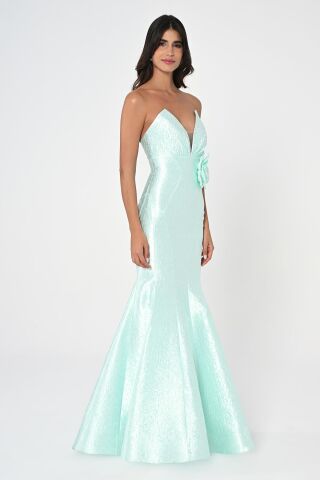 Straplez Balık Kesim Jakar Kumaş Uzun Elbise MİNT - 40