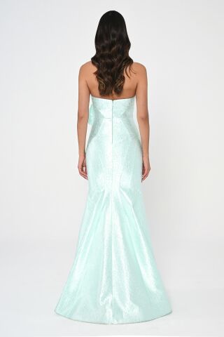 Straplez Balık Kesim Jakar Kumaş Uzun Elbise MİNT - 40