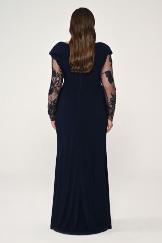 Uzun Boncuklu Tül Kol Krep Uzun Elbise Lacivert - 48