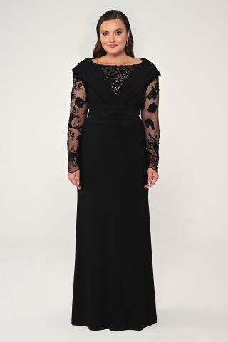 Uzun Boncuklu Tül Kol Krep Uzun Elbise Siyah - 42