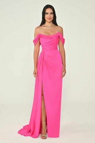 Düşük Omuz Yandan Yırtmaçlı Saten Uzun Elbise NEON FUŞYA - 40