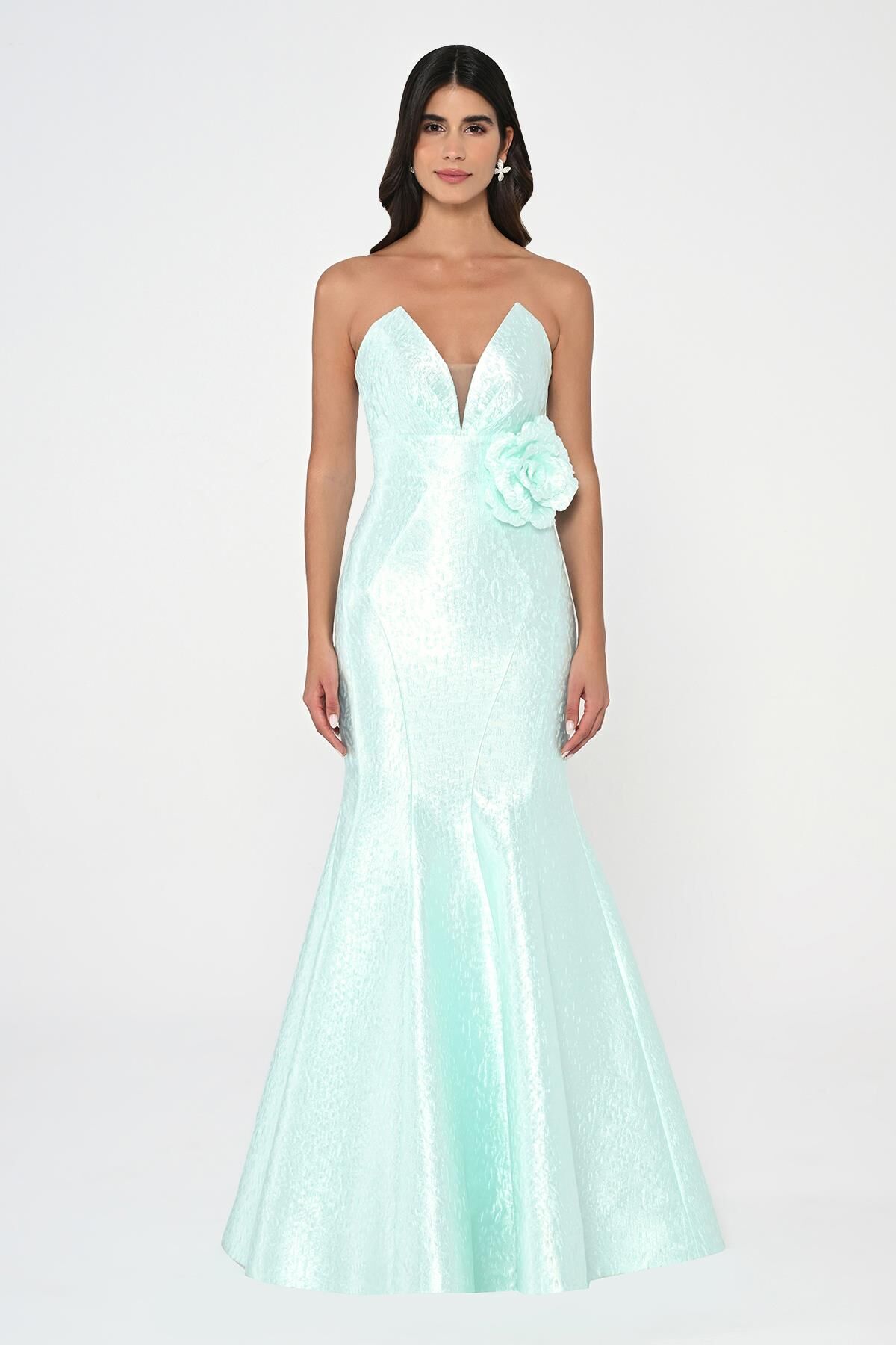 Straplez Balık Kesim Jakar Kumaş Uzun Elbise MİNT - 42