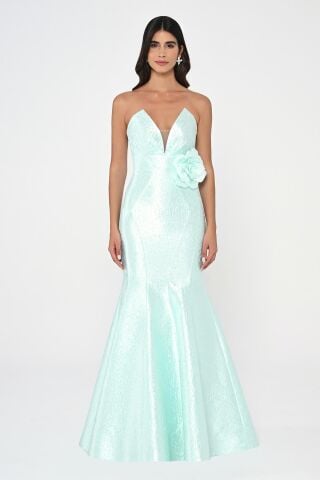 Straplez Balık Kesim Jakar Kumaş Uzun Elbise MİNT - 42