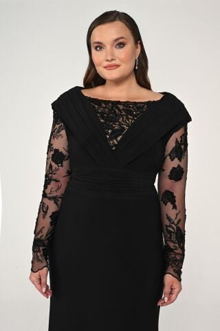 Uzun Boncuklu Tül Kol Krep Uzun Elbise Siyah - 44