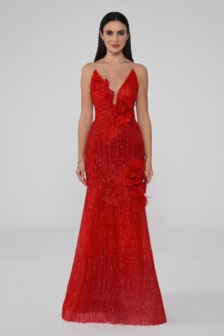 Derin V Yaka Çiçek Aksesuarlı Payet Uzun Elbise Kırmızı - 38