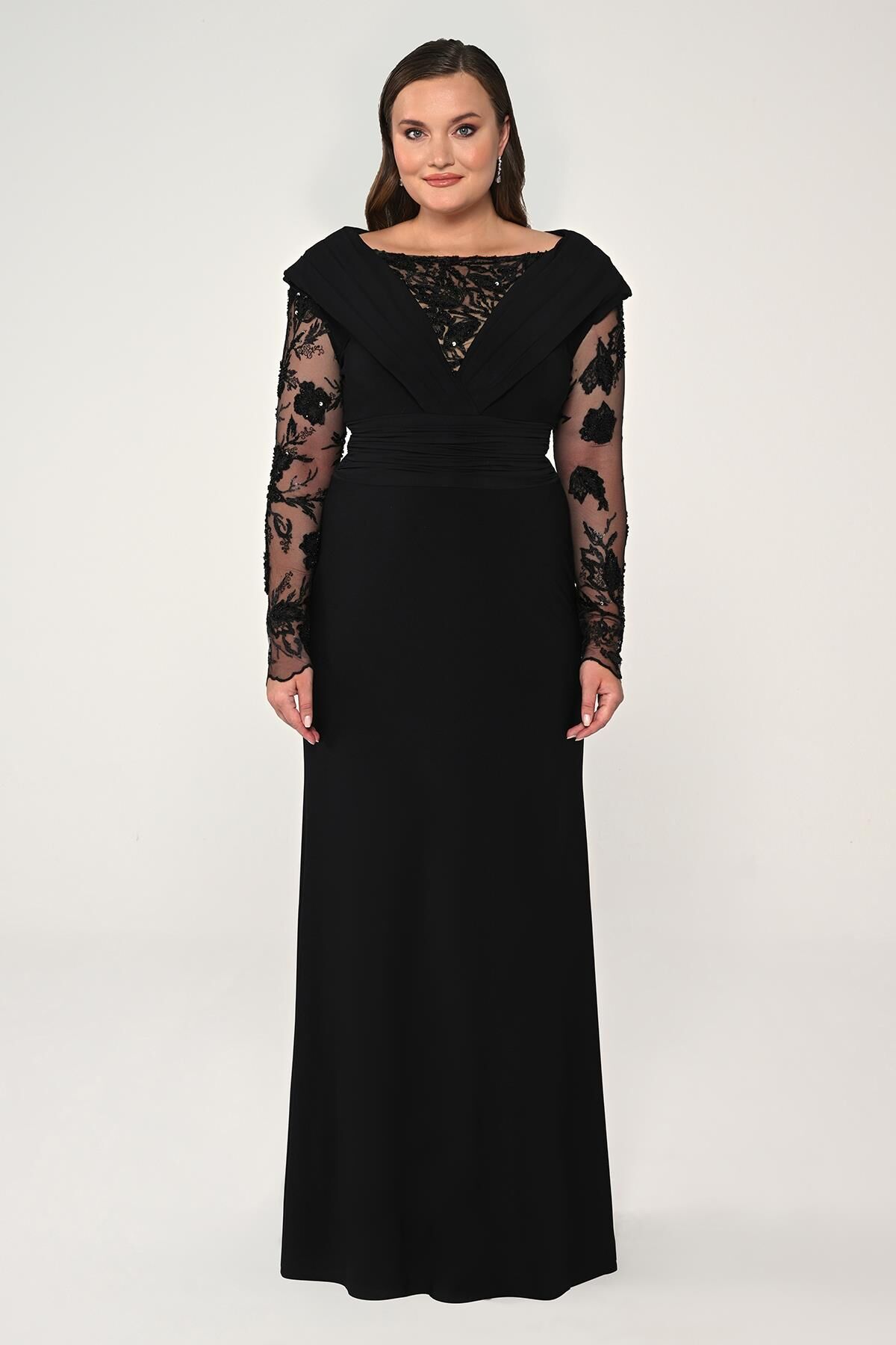 Uzun Boncuklu Tül Kol Krep Uzun Elbise Siyah - 46