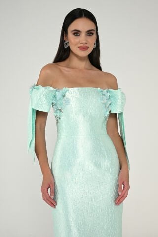 Düşük Fiyonklu Omuz Jakar Kumaş Midi Elbise