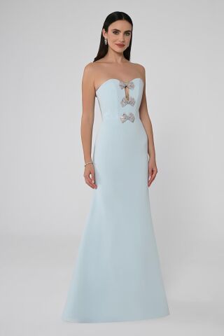 Straplez Balık Kesim Krep Uzun Elbise AÇIK MAVİ - 42