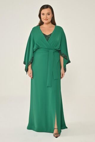 Uzun Şal Kollu Boncuklu Kumaş Aksesuarlı Uzun Elbise