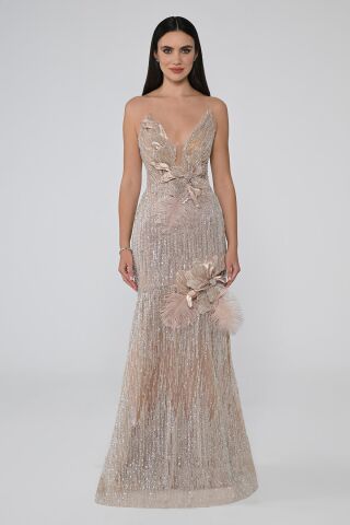 Derin V Yaka Çiçek Aksesuarlı Payet Uzun Elbise VİZON - 38