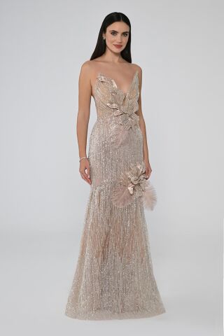 Derin V Yaka Çiçek Aksesuarlı Payet Uzun Elbise VİZON - 38