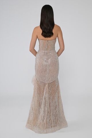 Derin V Yaka Çiçek Aksesuarlı Payet Uzun Elbise VİZON - 38