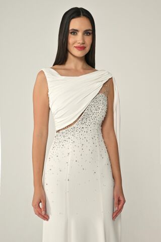 Şal Aksesuarlı Taşlı Krep Uzun Elbise Beyaz - 36